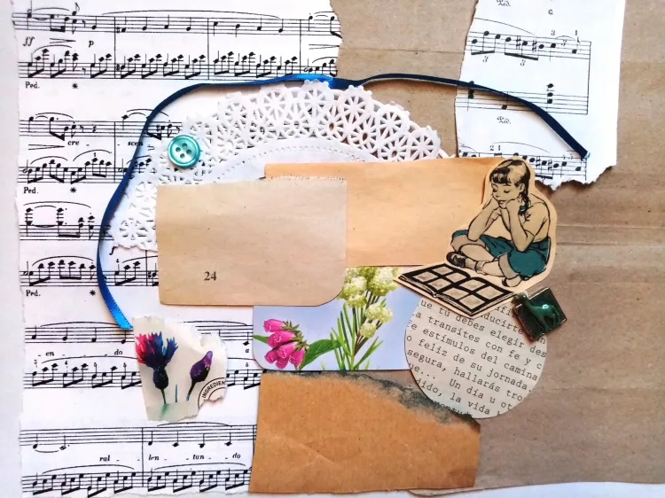 alt=creative collage in a scrapbooking style with reading, nature, music and sewing elements.