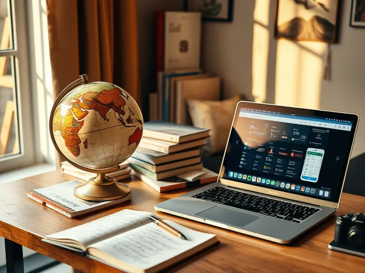 alt="a desk with books, notebook, laptop and a globe"